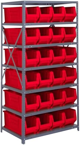 Quantum 2475-951RD Heavy Duty Shelving Unit with (8) Shelves and (24) QUS951 Red Bins for Industrial Warehouse Storage Distribution | 400 lbs Capacity | 24"D x 36"L x 75"H, Galvanized Carbon Steel by QuantumStorageSystems
