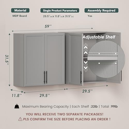 FIMELLO 59" Wall Cabinets for Laundry Room with Adjustable Shelf, Laundry Room Cabinets Wall Mounted, White Wall Cabinet with Shaker Doors, Kitchen wall Cabinet, Hanging Cabinets for Bathroom -Gray - Image 2