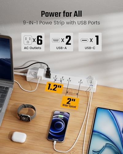 15Ft Long Extension Cord, SUPERDANNY Flat Plug Surge Protector Power Strip - Image 3