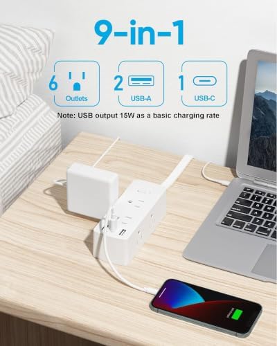 Olcorife Flat Plug Power Strip with 5 FT Extension Cord, 6 Outlets 3 USB Ports(1 USB C), 3 Sided Outlet Extender for Home Office Travel Dorm Room Essentials, White - Image 3
