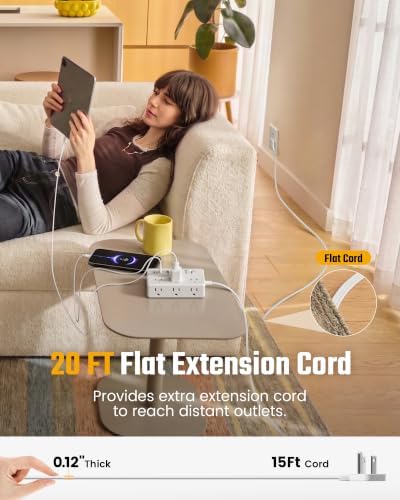 20Ft Long Extension Cord, PD20W, 6 outlets, 2A2C, Flat Plug Surge Protector - Image 3