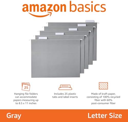 Amazon Basics Hanging File Folders with Adjustable Tabs for Document Organization, Letter Size, Gray, 25-Pack - Image 2
