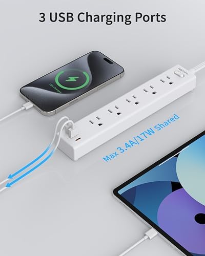 6FT Surge Protector Power Strip, 1700J, 5AC&1A2C, Flat Plug Extension Cord - Image 6