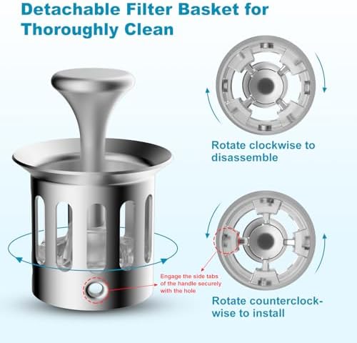 Universal Bathroom Sink Drain Strainer Hair Catcher Upgraded with Visible Top Stainless Basket, 3 in 1 Pop Up Sink Stopper for 1.1''~2.36'' Sink Basin Hole, Chrome - Image 3