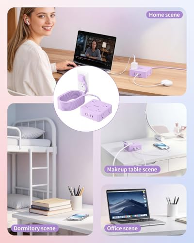 Extension Cord with Multiple Outlets, SMALLRT Flat Plug Power Strip, 6.5FT Power Strips with USB Ports, 8 Outlets, Outlets Extender for Home Office, Purple - Image 6