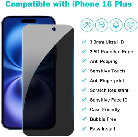 PEHAEL for iPhone 16 Plus Privacy Screen Protector+Camera Lens Protector - Image 2
