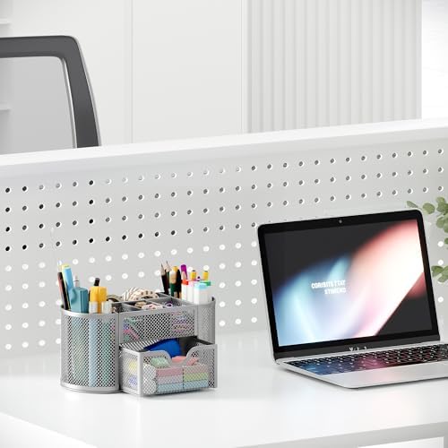 EasyPAG Mesh Pen Holder Desk Organizer with Drawer Stationery Supplies Organizer for Dorm School 9 Compartments Workspace Desk Accessories Organization for Office, Silver - Image 6