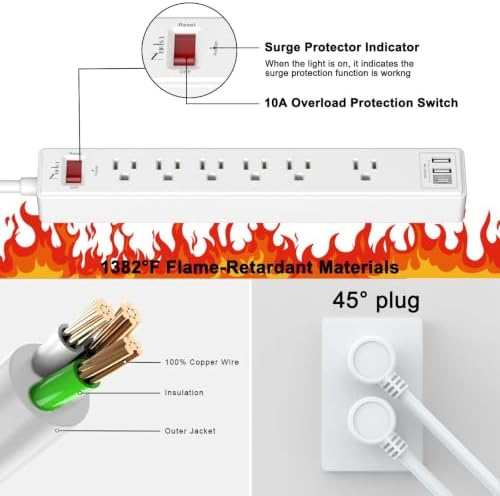10Ft Power Strip Surge Protector - Nuetsa Extension Cord with 6 AC Outlets and 3 USB Ports for Home, Office, Dorm Essentials, 1680 Joules, ETL Listed, White - Image 6