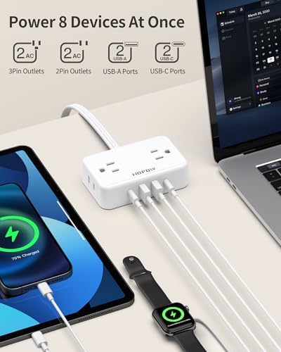 HOPOW Flat Plug Extension Cord, 4AC&2A2C, 6 FT Power Strip for Travel - Image 2
