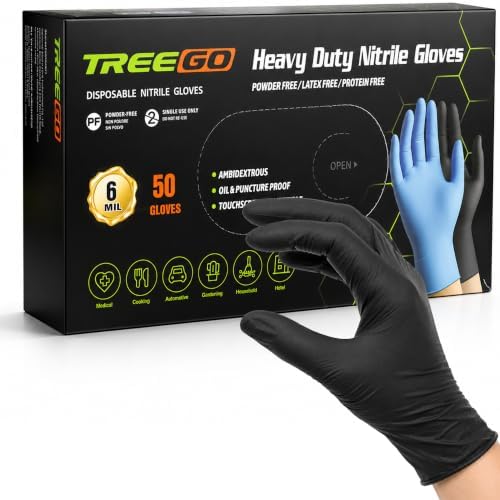 TREEGO Black Nitrile Disposable Gloves, Medium, 6 Mil, 50 Count by Treego