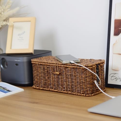Cable Management Box, Cord Organizer with Lid & Cable Ties - Brown, M - Image 6