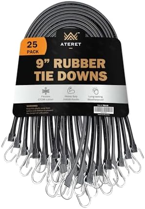 ATERET Rubber Bungee Cords with Hooks I 9 Inch, 14" Max Stretch I Heavy-Duty Black Tie Down Straps for Outdoor, Tarp Covers, Canvas Canopies, Motorcycle, and Cargo, Pack of 25 by ATERET