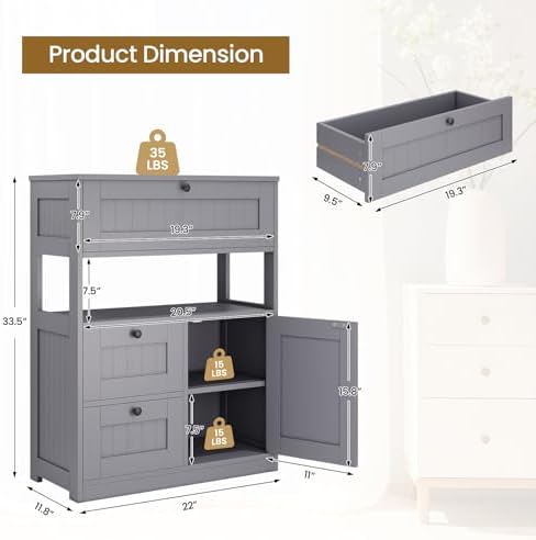 GRUSIGN Bathroom Cabinet, Modern Bathroom Floor Storage Cabinet Organizer with 1 Door and 3 Drawers, Freestanding Cupboard for Kitchen/Living Room Use - Image 3