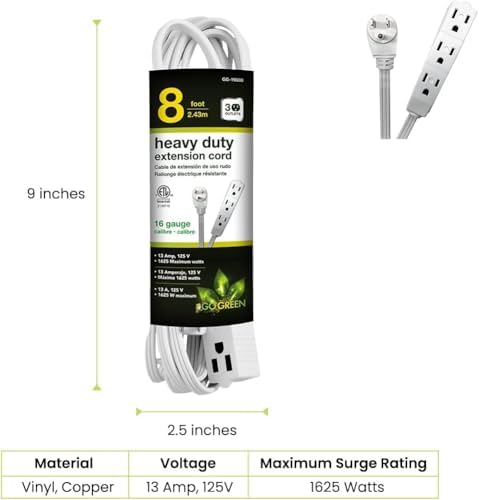 GoGreen Power Inc. (G-19608-2) 16/3 8' 3-Outlet Extension Cord, White, 8ft, 2 Pack - Image 2