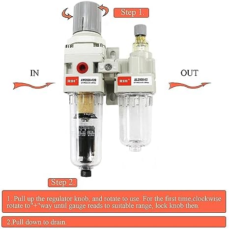 RIH Pneumatics Compressed Air Filter Regulator Lubricator Combo Water/Oil Trap Separator - Gauge(0-150 psi), Semi-Auto Drain, Poly Bowl,Bracket - 3 in 1 Two Unit (1/4“ NPT Auto Drain) - Image 4