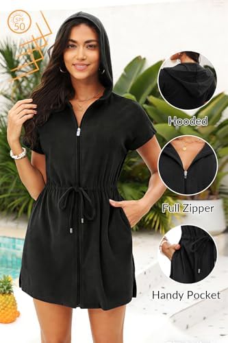 Womens Terry Cloth Cover Up Hooded Swim Cover with Zipper and Pocket - Image 3