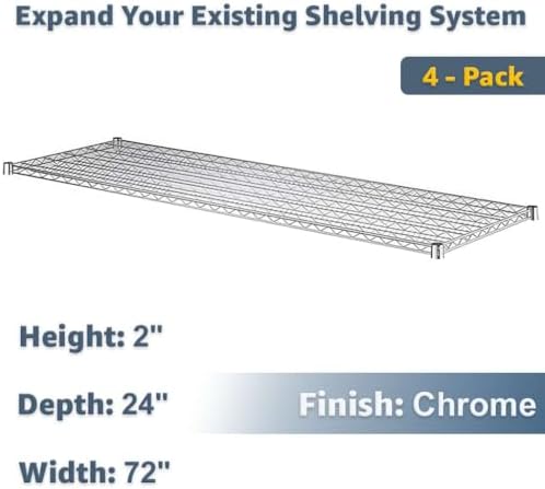 24" x 72" Extra Wire Shelves 4 Pack for NSF Shelving Units, Heavy Duty Storage Expansion - Image 2