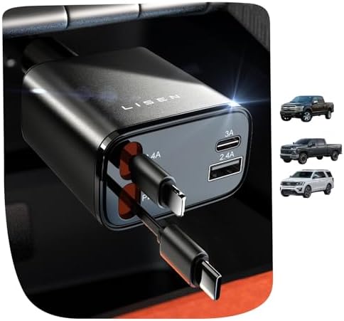 LISEN Retractable Car Charger, [2026 Upgrade 50 inch ] Long 4 in 1 Retractable Cable Car Charger, USB C Car Charger Fast Charging for iPhone 17 16 15 14 13 12 11 X Pro Max Plus Mini, Samsung S26 by Lisen
