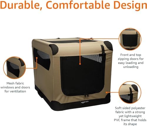 Amazon Basics Portable Folding Soft Dog Crate for Cat, Dog, Rabbit, Double Door with Mesh Ventilation, Collapsible, Easy to Set Up, Large 36" x 24" x 24", Tan - Image 4