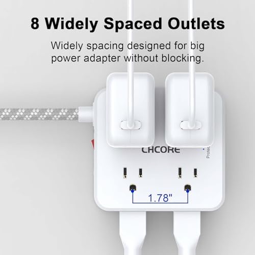Surge Protector Power Strip - CHCORE 10 Ft Braided Extension Cord with 8 Outlets with 4 USB (2 USB C) Charging Ports, Flat Plug Multi Plug Outlet Extender Charging Station for Home Office, ETL, White - Image 4