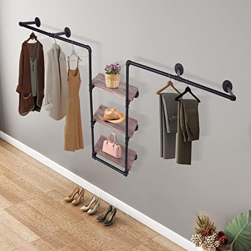 Wall-Mounted Clothing Rack, Industrial Pipe Clothing Rack with 3 Tiers Wood Shelf, Heavy Duty Rustic Garment Hanging Bar, 86.6"L X 37.4"W X 10.6"H Multi-Purpose Storage Rack for Home Clothing Store - Image 3