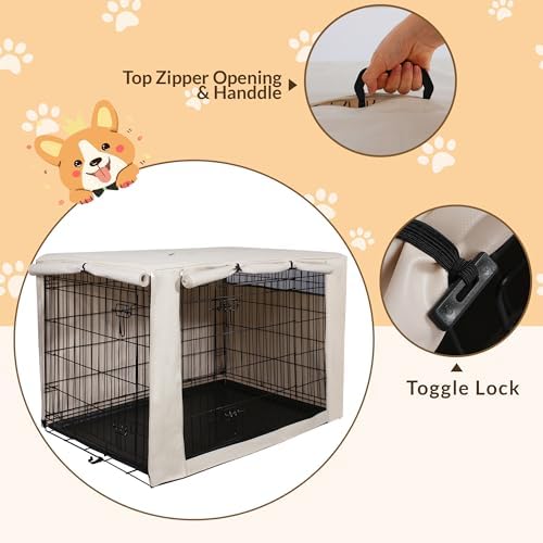 HiCaptain 24-Inch Dog Crate Cover with Mesh, Waterproof Kennel Cover, Beige - Image 5
