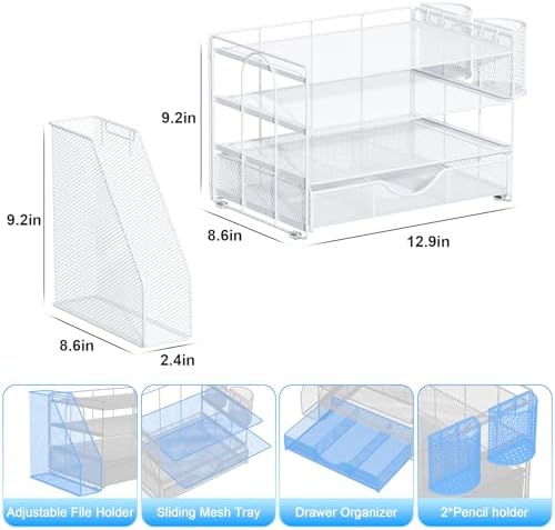 gianotter Desk Organizers and Accessories with File Holder, 4-Tier Desk Accessories & Workspace Organizers with Drawer and 2 Pen Holder, Paper Organizer for Office Supplies (White) - Image 5