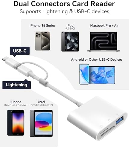 Oyuiasle SD Card Reader for iPhone iPad Trail Camera Viewer 3-in-1 SD Adapter with Dual Slots & USB Port, Memory Card Adapter Dual-connector Design with Lightening&USB-C for Photographers, Plug & Play - Image 2