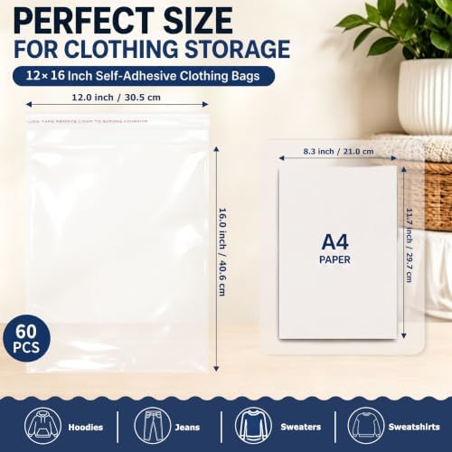 Self Sealing Cellophane Bags for Shirts, 60Pcs 12x16 Inch Clear Poly Bags - Image 2