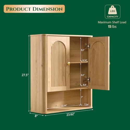 Bathroom Fluted Arched Wall Cabinet, 23.6''W Wood Medicine Cabinet, Natural - Image 2