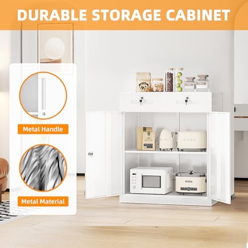 INTERGREAT Metal Storage Cabinet with Drawers, 36”H Lockable Office Storage Cabinets with 2 Doors and Adjustable Shelves, White Steel File Cabinet for Home Office, Garage, School, Apartment(White) - Image 7
