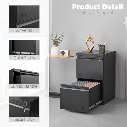 Guizeeopo 2 Drawer File Cabinet with Lock, Vertical File Cabinets for Home Office, Printer Stand, Heavy Duty Steel Office Storage Cabinet for Letter/Legal/A4, Assembly Required(Black) - Image 6