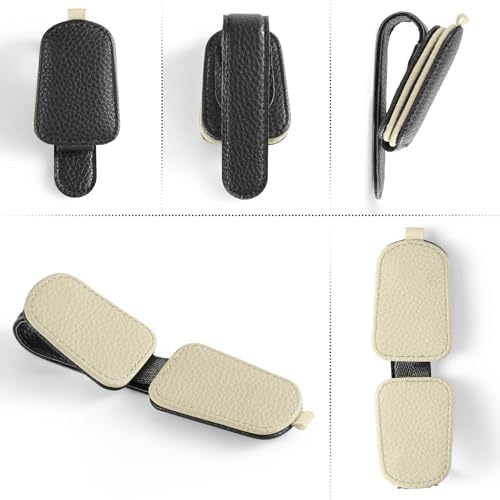 SINGARO Sunglasses Holder for Car, Leather Magnetic Buckle Sun Visor Sunglass Clip, Ticket Card Storage Glasses Clip, Car Interior Accessories for Men and Women（2PCS Black-Beige） - Image 4