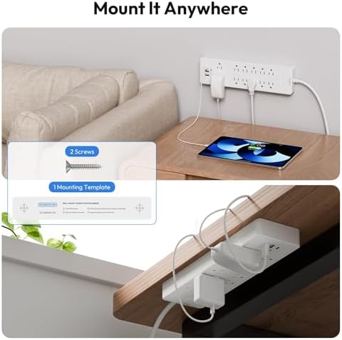 15 ft Extension Cord Flat Plug Power Strip, NTONPOWER 2100 Joules with 12 Outlet 3 USB Port, 1875W/15A, Overload Protection, Long Cord Wall Mountable for Home Office Accessories, White - Image 5