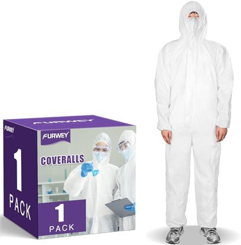 FURWEY Hazmat Suits 1/10 Pack Disposable Coveralls, with Elastic Wrists, Ankles and Hood, Available in 4 sizes by FURWEY