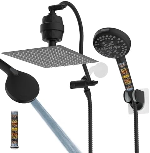 Hibbent All Metal 12'' Dual Filtered Rainfall Shower Head Combo, High Pressure Handheld Shower Head with 12'' Adjustable Curved Extension Arm, 20 Stage Shower Filter, 10-spray, 71'' Hose, Matte Black by Hibbent