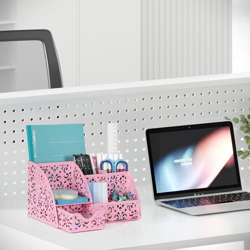 EasyPAG Desk Organizer and Pen Holder for Desk, Mesh Office Supplies Storage Caddy with Drawer for Small Space, Desktop Organizer for Home Office, Pink - Image 5