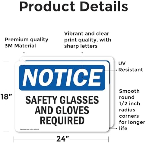 (2 Pack) Safety Glasses And Gloves Required OSHA Notice Sign 24 Inch X 18 Inch Vinyl Label Decal Sticker Weather Resistant, UV Protected for Workplace, Business, and Construction Site, Made in the USA - Image 2