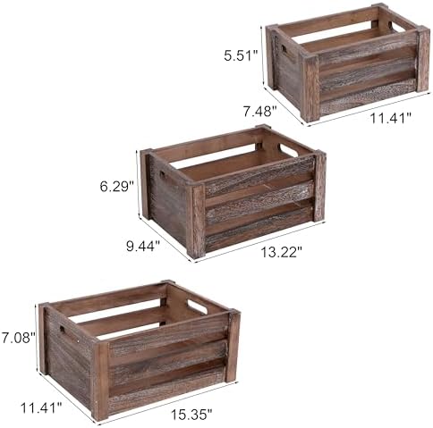 Set of 3 Nesting Wooden Crates, Small Rustic Farmhouse Wood Storage Boxes with Handles, Stackable Compact Organizer Bins for Kitchen Bathroom Bedroom Decor, 3 Sizes & 3 Colors (White, Brown, Black) - Image 2