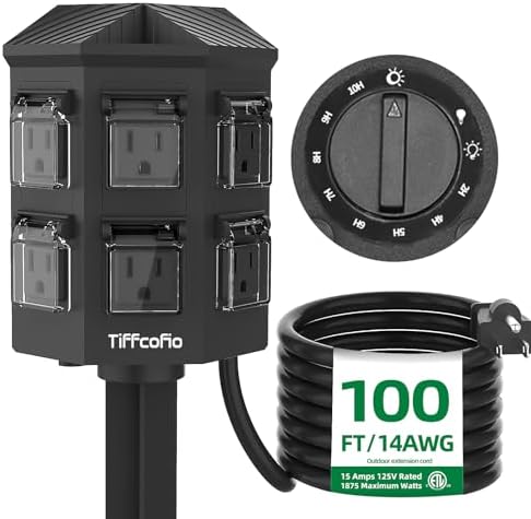 TiFFCOFiO Outdoor Power Strip Timer, Dusk to Dawn Light Sensor Countdown, 100 Feet Extension Cord Waterproof, 6 Grounded Outlets for Halloween and Christmas Decorations, ETL Listed (100 FT) by TiFFCOFiO