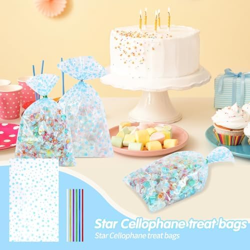 COQOFA 100 Pcs 7"X12" Blue Star Printed Clear Gift Cellophane Treat Bag Party Favor bags Clear Candy Cookie Bag Plastic Poly Goodie Storage Bags with Twist Ties for Baby Shower,Gender Reveal, Birthday, Wedding ,Party Decorations - Image 5