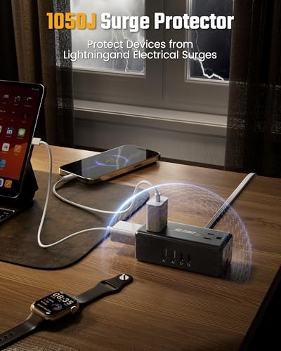 10Ft Long Extension Cord, SUPERDANNY Flat Plug Surge Protector Power Strip - Image 6