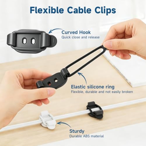 20 Sets Adjustable Cable Management Clips, Self Adhesive Cord Organizer with Elastic Loop, Reusable Cable Holder for Desk, Under Desk, Wall, TV, Office, Home, Charging Cables, USB, HDMI, PC Wires - Image 5