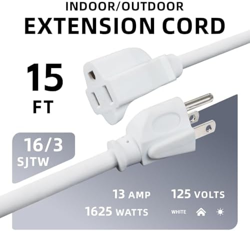 EP 15 FT Outdoor Extension Cord, 16/3 SJTW Heavy Duty White, ETL Listed - Image 2