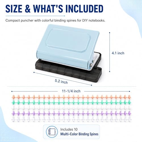 10 Hole Punch Binding Machine Kit for Planner (Blue) with 10 Multi-Color Spiral Coils, Adjustable A4 A5 B5 Paper Puncher, DIY Notebook Scrapbook Maker for Home Office School Organization - Image 5