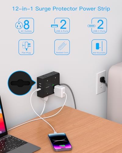Extension Cord 25 Ft, Flat Plug Surge Protector Power Strip 25 Ft Long Cord - Image 3