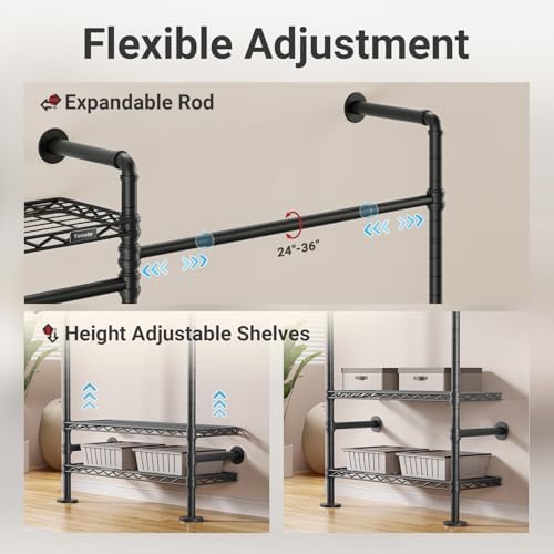 Timate F2 Industrial Pipe Clothes Rack Wall Mounted Clothing Rack for Hanging Clothes, Expandable Garment Racks Heavy Duty Wardrobe Closet Organizer and Storage, Black Adjustable Industrial Closet Kit - Image 6