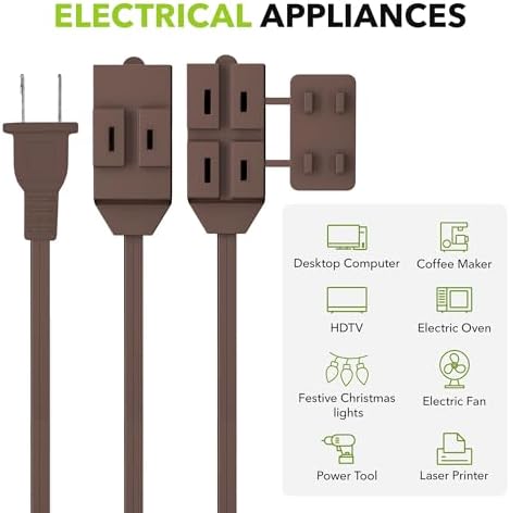 HBN Indoor Extension Cord 6ft 3 Pack Brown, 3 Outlets with Safety Cap Included, 2 Prong Polarized Plug, Perfect for Homes, Offices, and Kitchens - Image 7