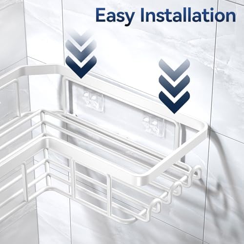 YASONIC Corner Adhesive Shower Caddy, with Soap Holder and 12 Hooks, Rustproof Stainless Steel Bathroom Organizer, No Drilling Wall Mounted Rack, White, 3-Pack - Image 6