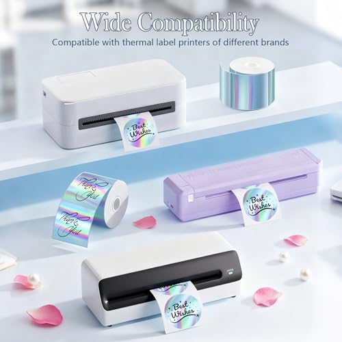 2 Inch Holographic Thermal Sticker Labels,Rainbow Glitter Finish, Water-Proof & Tear-Resistant Label, No Residue Removable Label for Price/Name Tag, Logo Design,Light Blue, (200Labels/Roll) - Image 3